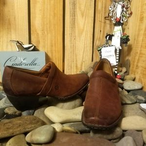 Born leather slip on western style shoe with stacked heel